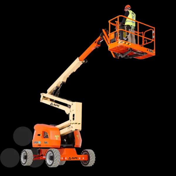 Plataforma elevatória articulada JLG laranja em operação