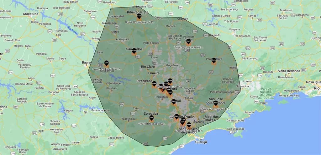 Mapa da área de atendimento da Grupo APC com bases no interior paulista, Grande São Paulo e litoral